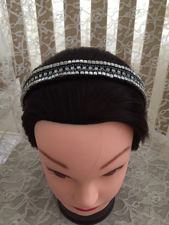 Black and Silver Beaded Headpiece Silver Black Beaded Headpiece | Handmade Boho Hair Jewelry  main image 2
