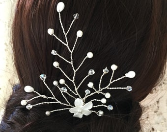 Vintage Blume schillernden Kristall Perlen und Elfenbein Perlen HaarNadel #1151