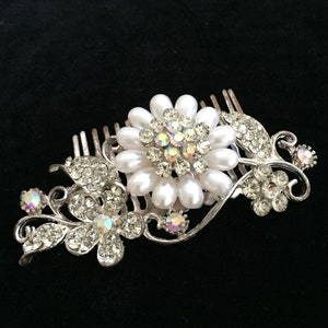 White Pearl,Iridescent Rhinestones and Flower Wedding Hair Comb, Pearl Hair Comb for Wedding, Silver Hair Wedding Day comb 1111 image 4