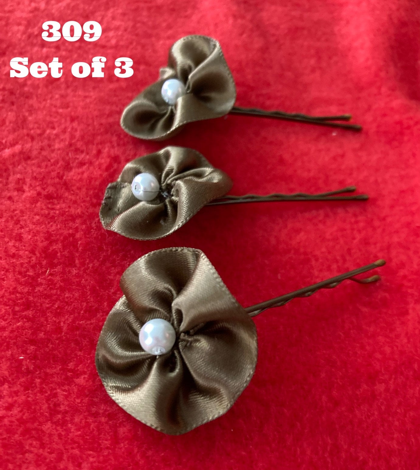 Fabric Hair Pin Flower With Pearls and Rhinestone Center 