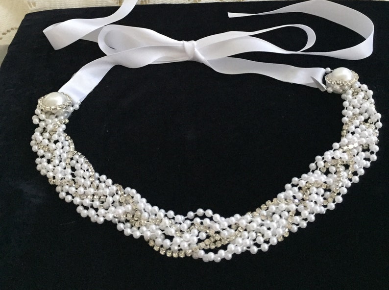 Wedding Rhinestone and White Pearl Headband Pearl Beaded - Etsy