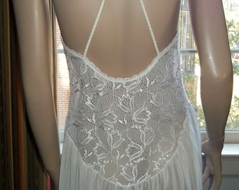 Vanity Fair Nightgown Medium Lacy Bodice Asymmetrical Hem White Criss Cross Straps