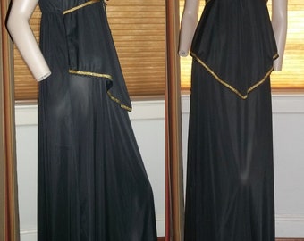 Aristocraft Long Nightgown Size Large Black Empire Line Gilt Trim Apron Front Negligee