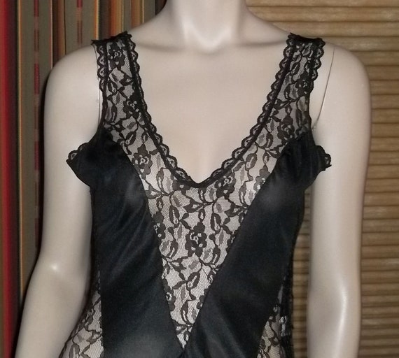 Revealing Lace Panels Petra L Black Long Nightgown Negligee | Etsy