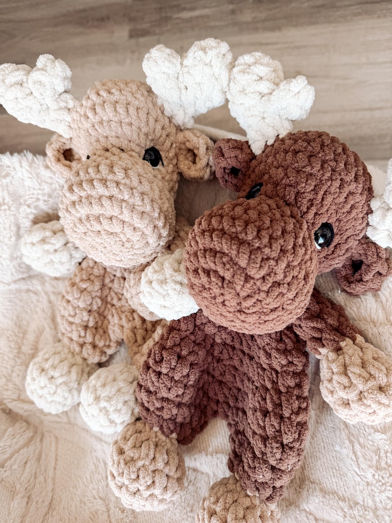 Stuffed Moose Pattern Digital Download Crochet Tutorial Beginner Project Idea Easy Animal Design Amigurumi Pattern PDF File Format Step By Step Guide Bulky Yarn Creation Lovey Snuggler Toy Woodland Nursery Decor Baby Gift Option Handmade