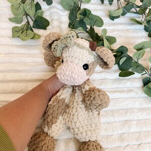 Beginner Friendly Crochet Cow Pattern Digital Download PDF Step By Step Instructions Picture Tutorial Video Help Farm Animal Amigurumi Lovey Snuggler Design Multiple Variations Highland Cow Mod Spotted Cow Option Solid Cow Design Easy