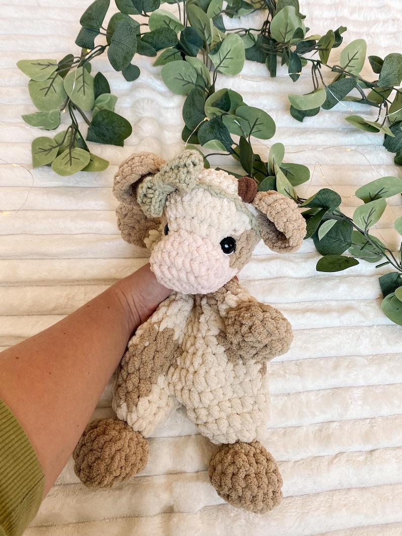 Beginner Friendly Crochet Cow Pattern Digital Download PDF Step By Step Instructions Picture Tutorial Video Help Farm Animal Amigurumi Lovey Snuggler Design Multiple Variations Highland Cow Mod Spotted Cow Option Solid Cow Design Easy