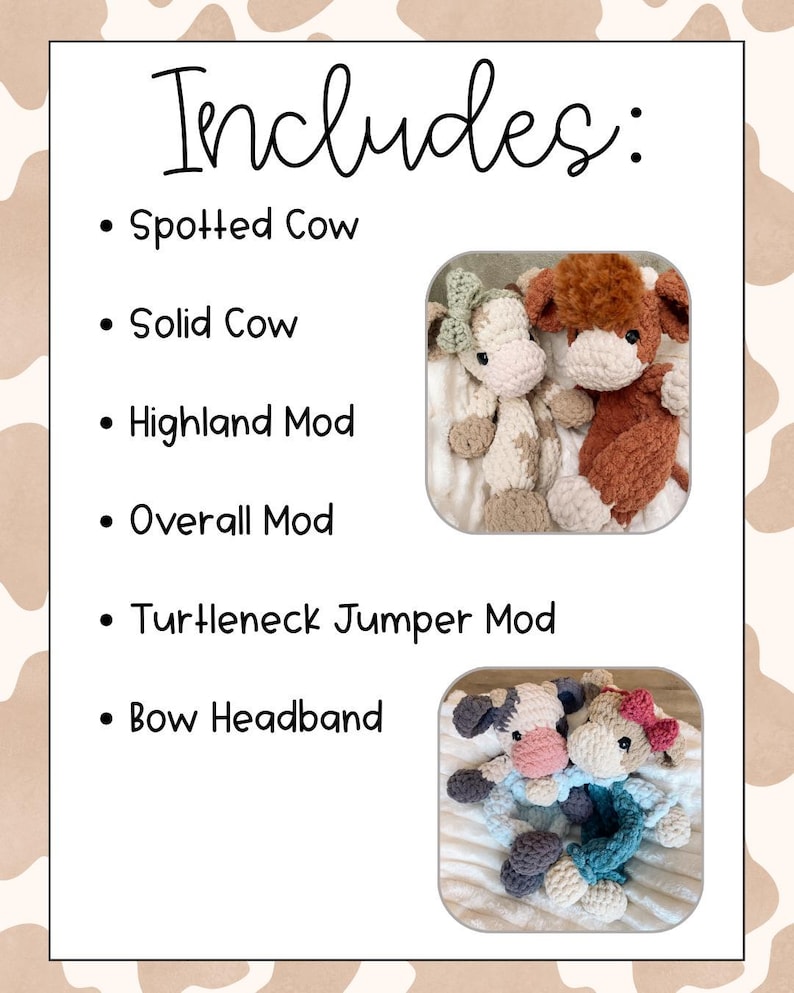 Digital Download Pattern Cow Amigurumi Tutorial Beginner Friendly Project Farm Animal Crochet Guide Step By Step Instructions Picture Tutorial Video Help Printer Friendly Version Spotted Cow Design Highland Cow Option Overalls Mod Easy