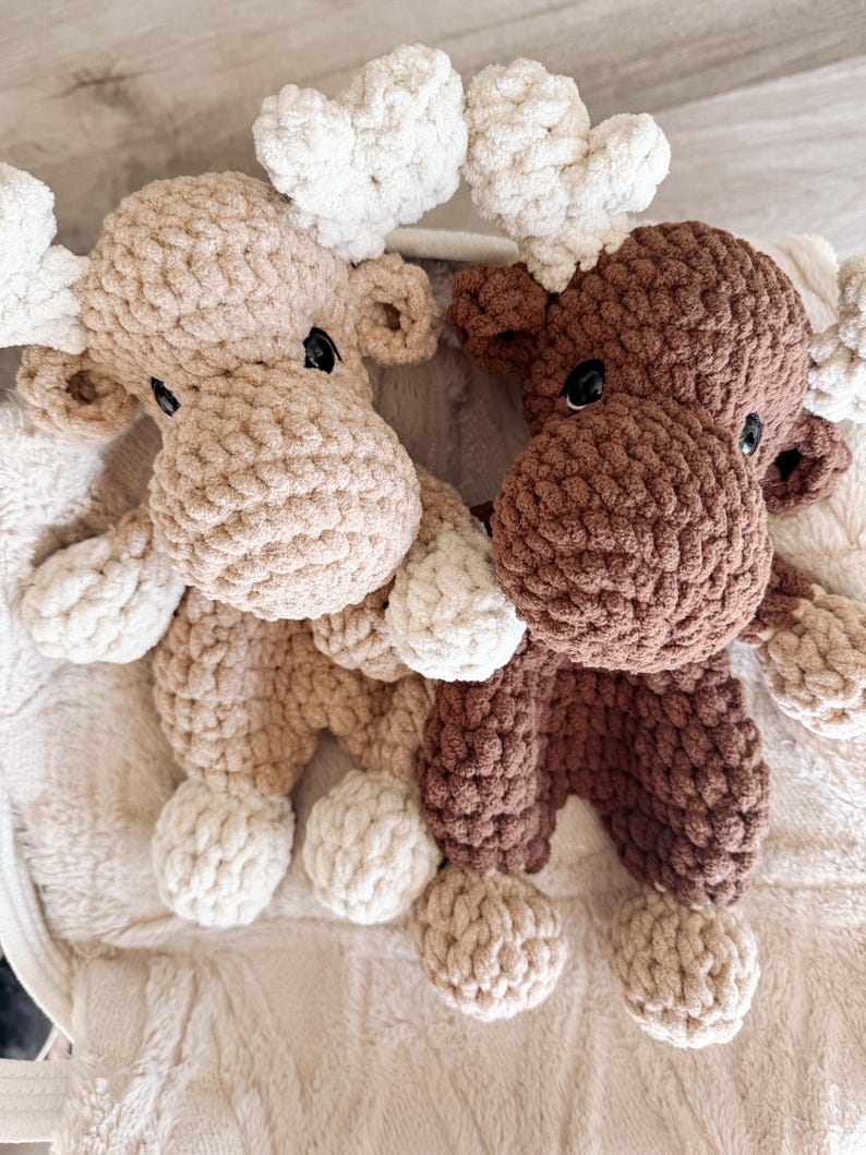 Beginner Crochet Project Moose Pattern Digital Download Easy Tutorial Design PDF File Format Step By Step Guide Stuffed Animal Creation Bulky Yarn Project Woodland Theme Toy DIY Handmade Gift Lovey Snuggler Design Nursery Decor Idea