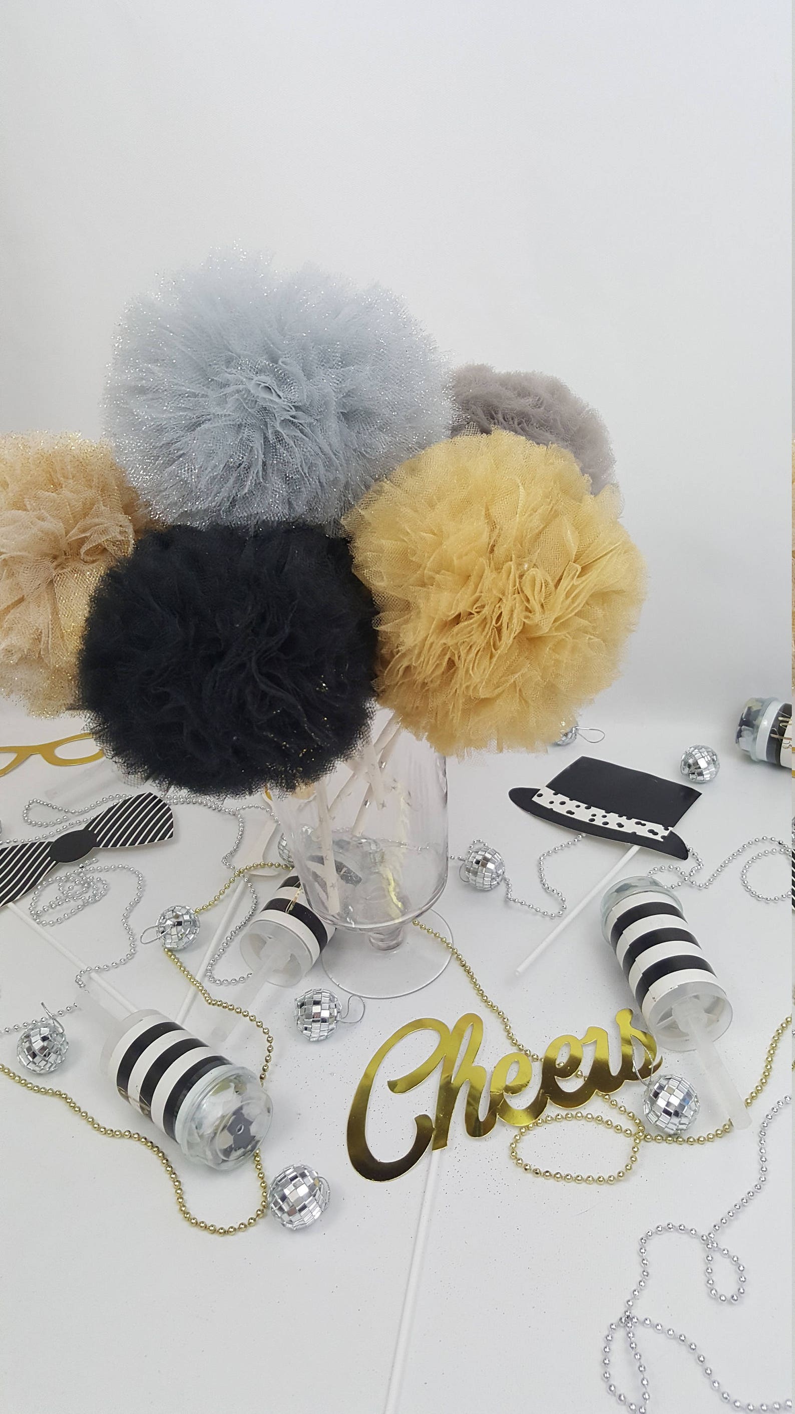 Gold and Black Pom Set Tulle Pom Pom Set Party Decorations Etsy