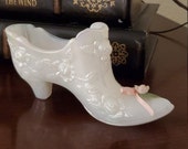 Vintage Fenton Cabbage Rose Slipper Shoe White Opalescent Porcelian Rose Satin Ribbon Bow Glass Shoe