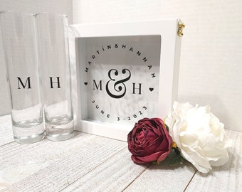 Customizable Wedding Sand Ceremony Keepsake Box, Flip Top and Latch, Set of Glass Pouring Vases - Personalized with Names and Date