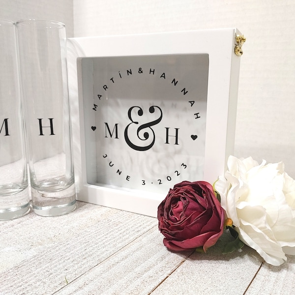 Customizable Wedding Sand Ceremony Keepsake Box, Flip Top and Latch, Set of Glass Pouring Vases - Personalized with Names and Date