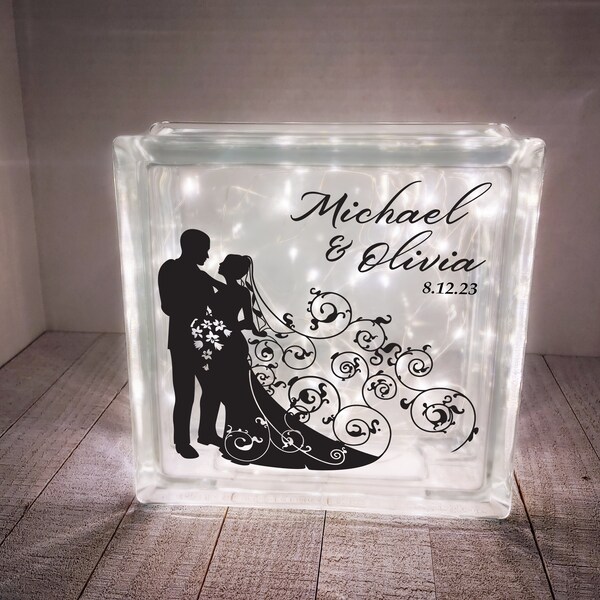 Bride & Groom Wedding Keepsake Home Decor, Fairy Light Glass Block (Battery Powered) with Name/Date Personalization For the Happy Couple