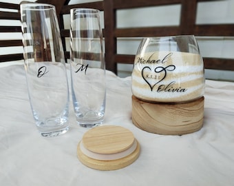Customizable Wedding Sand Ceremony Keepsake Jar with Bamboo lid and Set of Glass Pouring Vases