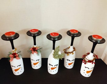 Hand Painted Happy Snowman & Snowwoman Wine Glass Tea Light Candle Holder, Holiday Decor, Winter, Christmas, Flute Glass