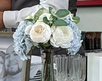 Light blue, white and cream artificial wedding centerpiece (or bouquet) with eucalyptus stems