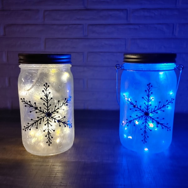 Frosted Snowflake Mason Jar with Fairy Lights