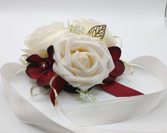 Cream Rose Corsage & Boutonniere Set: Wedding Peony Hydrangea with Gold Leaf
