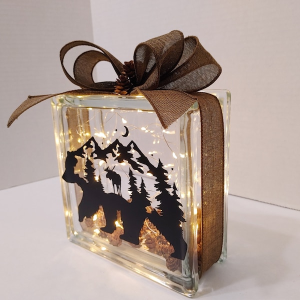 Light up glass block with abstract bear, mountains and moose, country home decor, hand tied burlap ribbon, mini pinecone filler, gift