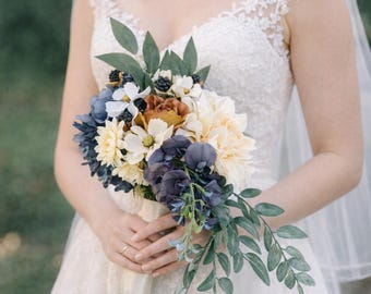 Round artificial bridal bouquet cascade, cream dahlia, blue wisteria, peony, berries, whimsical, daisy, burnt orange rose, Faux bouquet