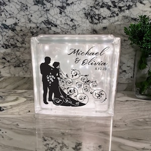 Personalized Wedding Glass Block with Fairy Lights