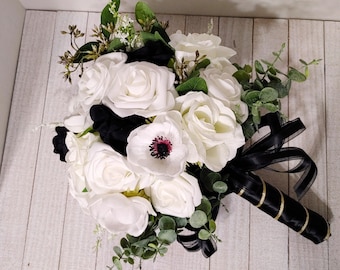 Black and White bridal bouquet with roses, anemone poppies and eucalyptus leaves (corsage, cake topper, boutonniere)