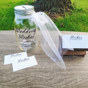 Unique Guest Book Alternative, Wishes Mason Jar with Note Cards and Wooden Stand, Customizable, Country Wedding, Wishes for the Couple