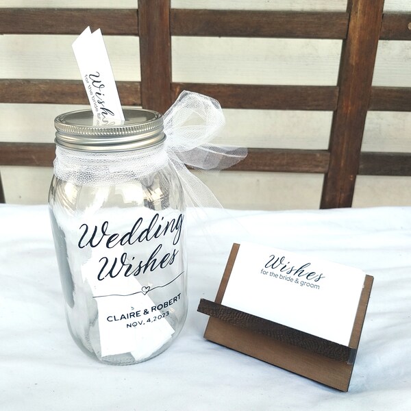 Unique Guest Book Alternative, Wishes Mason Jar with Note Cards and Wooden Stand, Customizable, Country Wedding, Wishes for the Couple