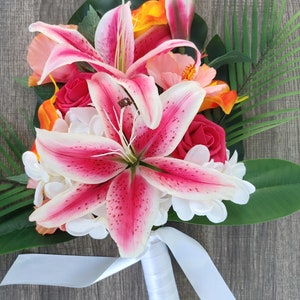 Exotic artificial tropical bridal bouquet with stargazer lily, calla lily, palm leaves, hibiscus and plumeria- Beach Wedding