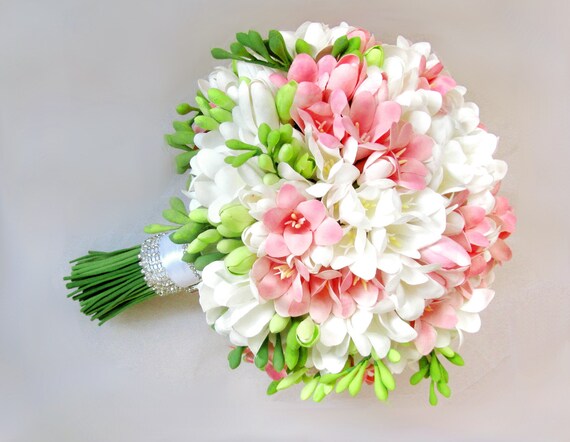 White Pink Freesia Bouquet With Boutonniere Clay Wedding Etsy