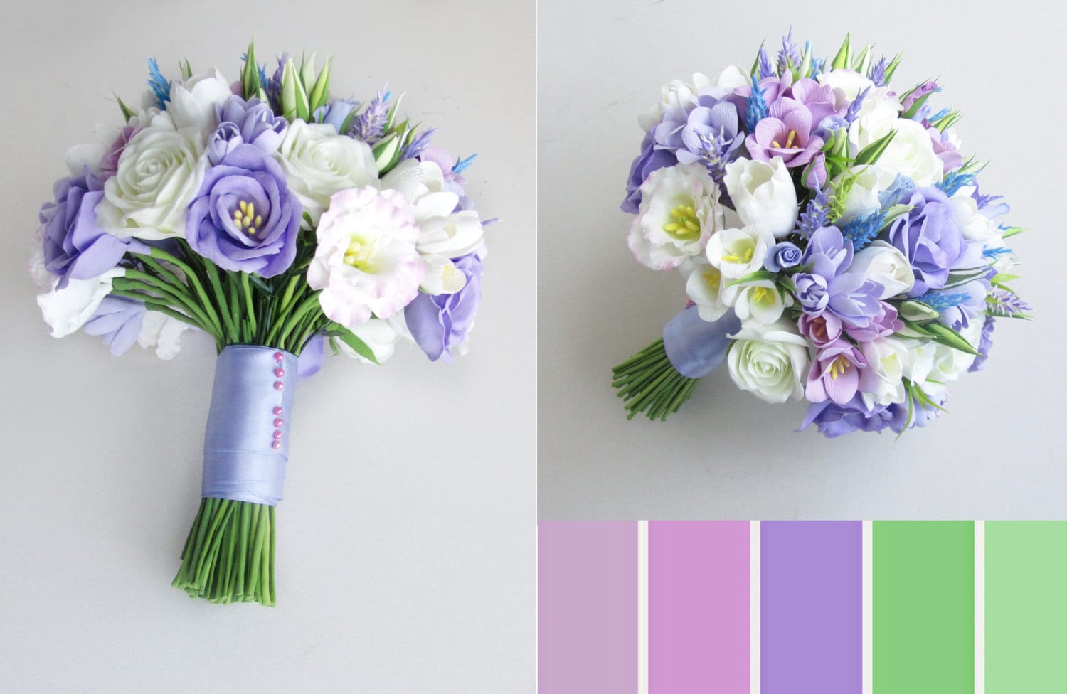 Freesia, Eustoma, Tulip, Rose, Lavender Bridal Bouquet. Lilac