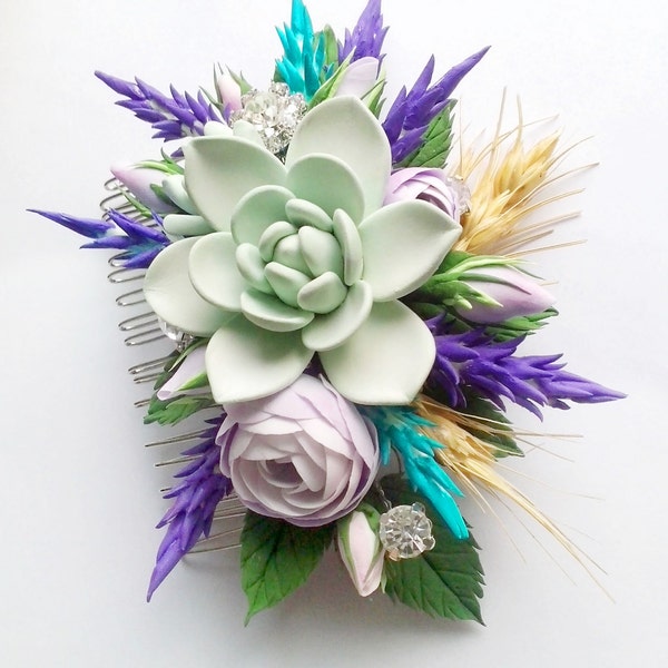 MADE TO ORDER. Bridal succulent hair comb, succulent hair clip, wedding real touch succulent hair clip, light sage green
