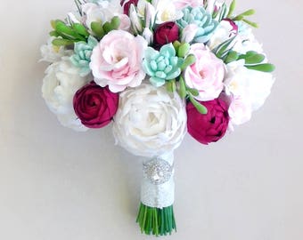 Succulent wedding bouquet, peony, lisianthus, freesia bouquet. Mint,  Burgundy, white bouquet. Blush, pink bouquet. Clay bouquet