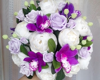 Peony bouquet, cymbidium orchid bouquet, purple bouquet, ivory bouquet, bridal bouquet, clay bouquet