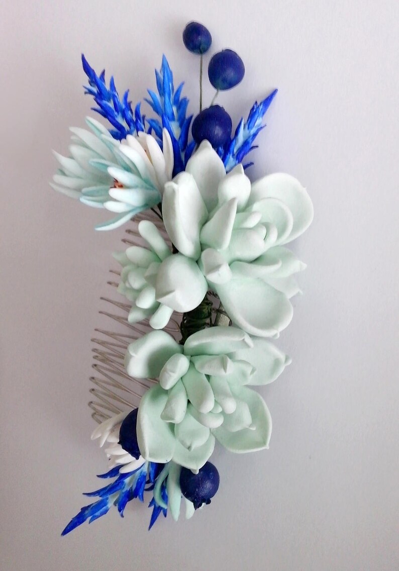 MADE TO ORDER. Succulent Hair comb. Succulent hair clip, wedding succulent. Bridal succulent hair accessory. Blueberry hair piece. image 2