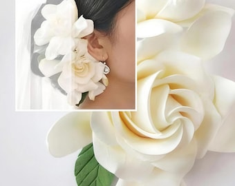 White Ivory Gardenia Hair Clips, Japanese Clay Wedding Bridal Hair