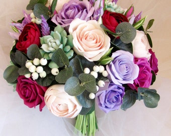 Handmade bridal bouquet. Purple, lilac roses, marsala ranunculus, succulent bouquet. Alternative, real touch bouquet. Air dry clay bouquet