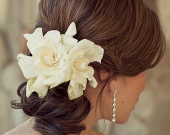 Air Dry Clay Gardenia Hair Clip, Ivory White Flower Wedding Accessory (7-8cm)