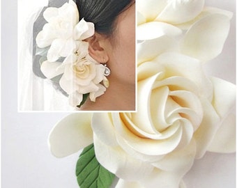 Double  Gardenia hair clips. White, Ivory Gardenia. Two Gardenias. FREE SHIPPING.