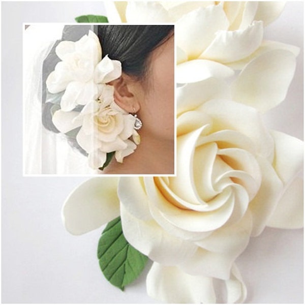 Double  Gardenia hair clips. White, Ivory Gardenia. Two Gardenias. FREE SHIPPING.