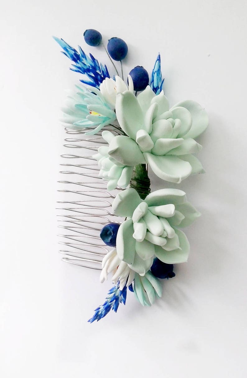 MADE TO ORDER. Succulent Hair comb. Succulent hair clip, wedding succulent. Bridal succulent hair accessory. Blueberry hair piece. image 4