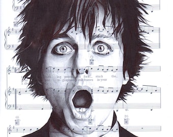 Rysunek długopisem Billie Joe Armstronga – wydruk w formacie A4 – oprawiony, 12"x16" – portret Green Day – sztuka ścienna z muzyką
