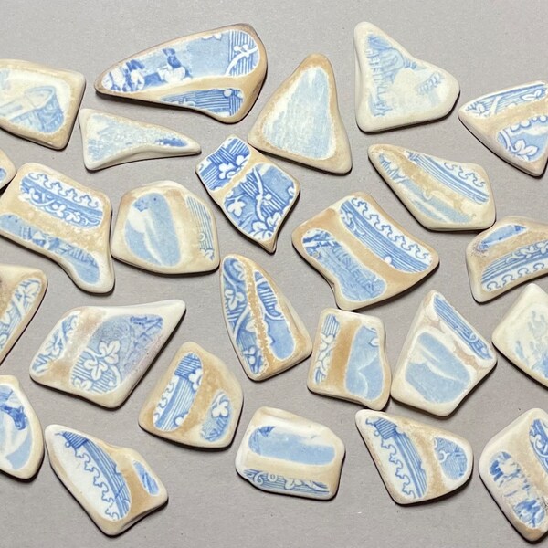 25 Pieces of Vintage Blue & White Tumbled Pottery - Faux Sea Pottery - Great for Jewelery Making, Mosiacs, Art