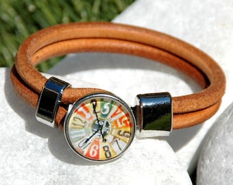 Brown Leather Halskette Snap Bracelet compatible Snap Jewelry, Ginger Snaps Jewelry, Noosa Chunks, Vintage Clock Snap Charm Leather Bracelet