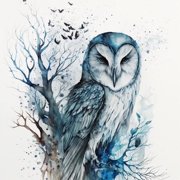 Barn Owl Monochromatic, bird art, owl art, nature wildlife print, watercolor, wall art, home office decor, bird illustration, any room art