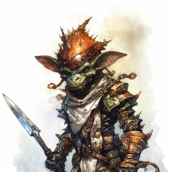 Armored Goblin, dungeons and dragons fantasy art, goblin wall art, gamer art, goblin illustration, watercolor RPG art, original goblin art