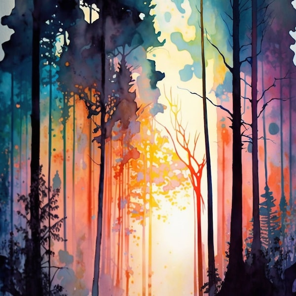 Massive Forest Sunset, sunset art print, forest art, watercolor, wall art, wall print, landscape art, sunset PNG, forest png, wall decor art