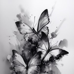 Black & White 3 Value Butterflies, butterfly lover, insect art, any room decor, home office decor, watercolor art, wall art, shades of gray