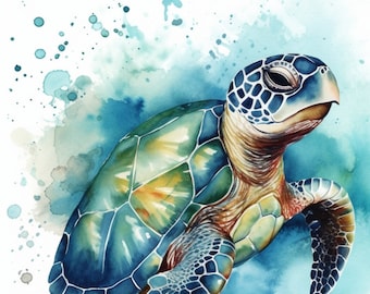 Green Sea Turtle Watercolor Art Print: Beach House Decor (Digital Download)